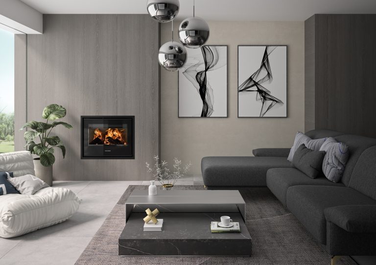 Ein modern eingerichtetes Wohnzimmer mit einem  HIC OR-70 in Stahl/ Schwarz