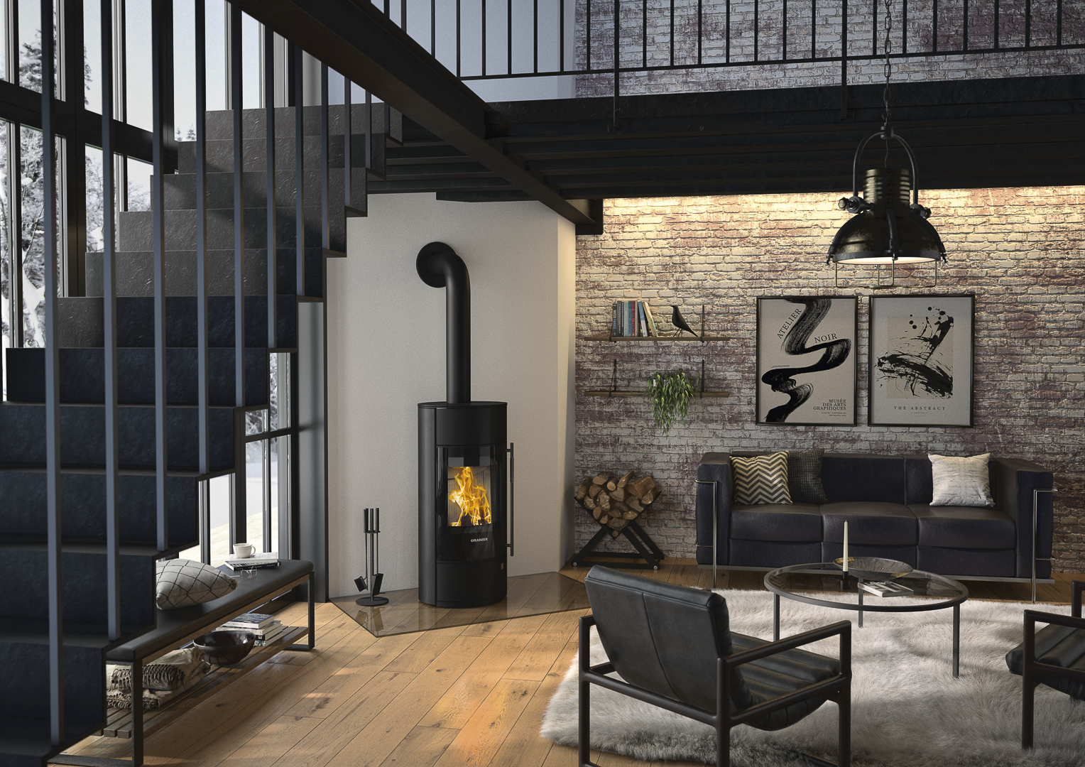 Dunkel gehaltenes Wohnzimmer mit Elegantem Kaminofen. Metalltreppe links führt ins Obergeschoss, unter der eine gemütliche Sitzecke entsteht.