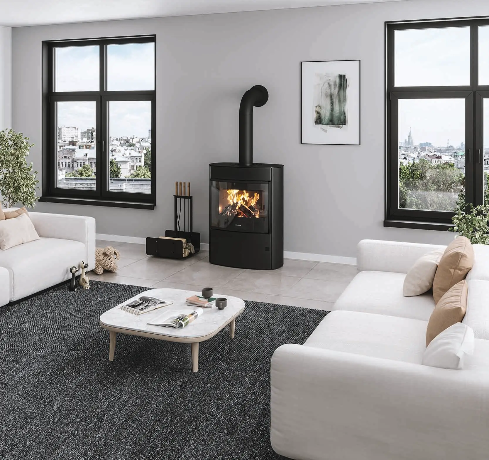 modernes, gemütliches Wohnzimmer, an der Wand ein Feras in Stahl Schwarz