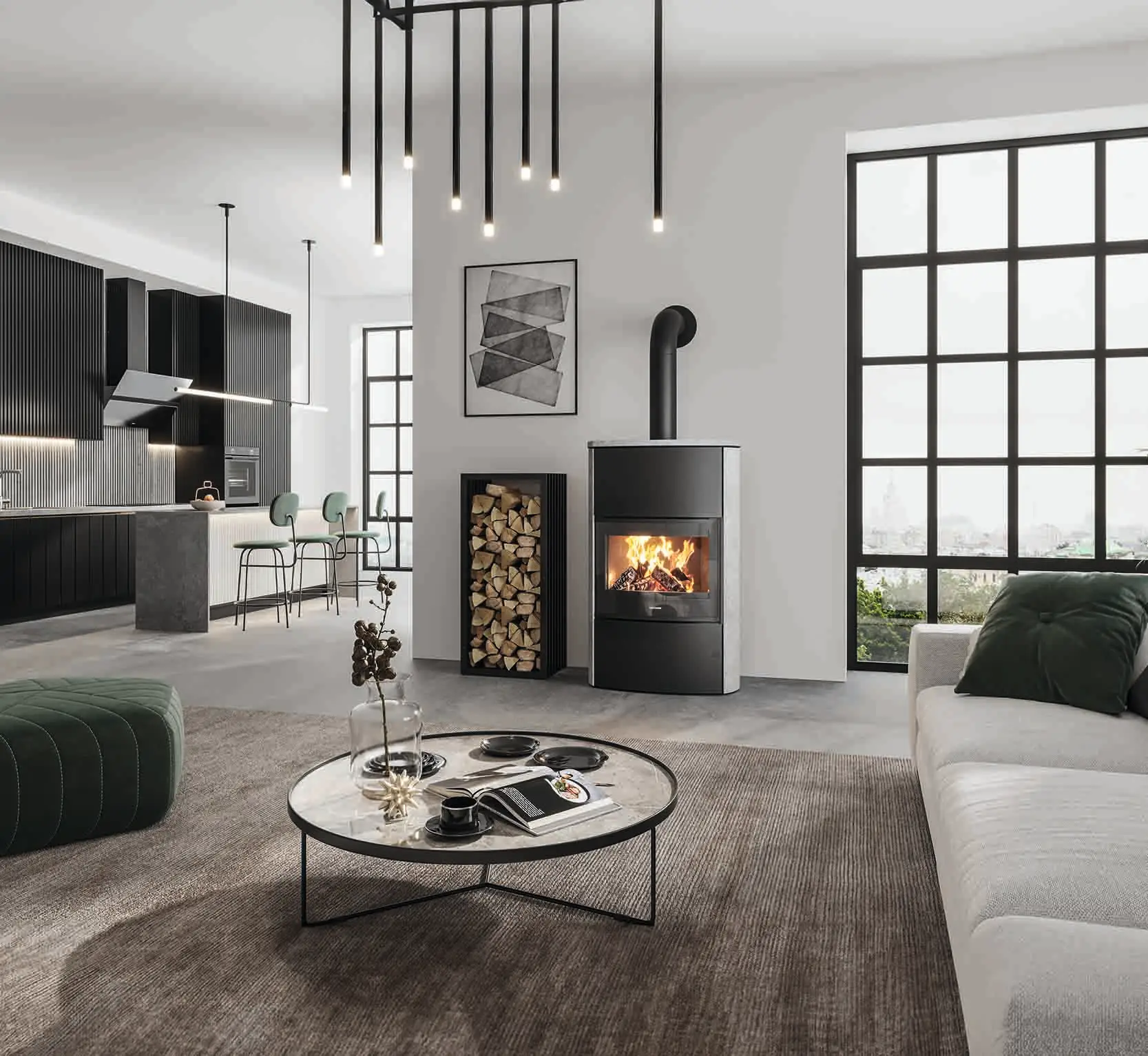modernes gemütliches Wohnzimmer an der Wand ein Feras W Plus in Speckstein