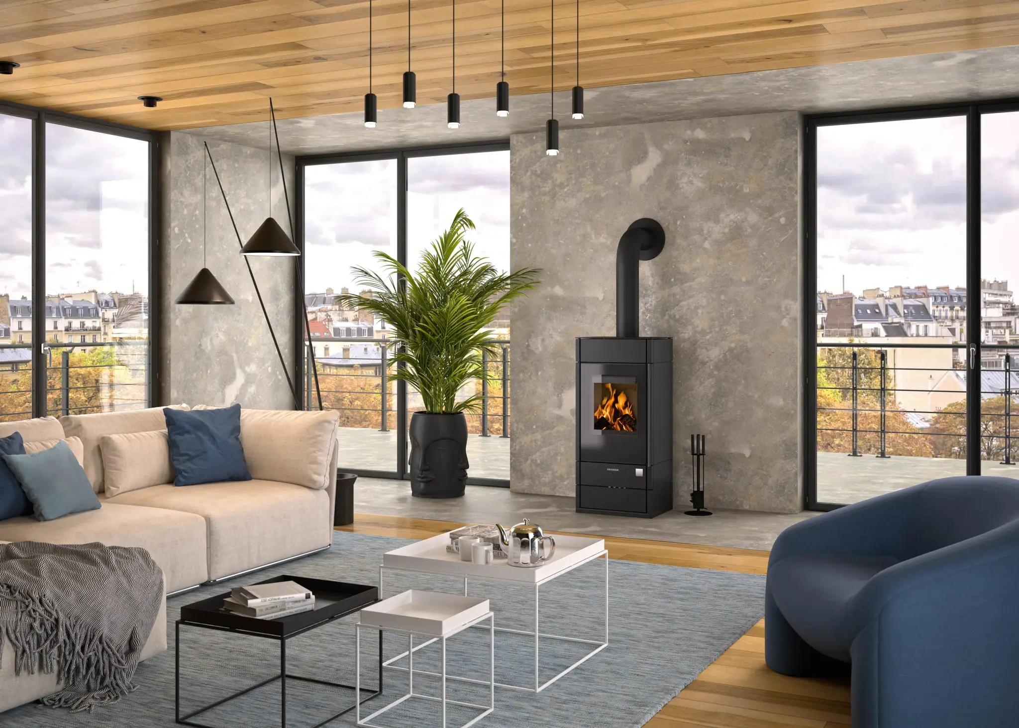 Penthouse Salon meublé à la mode avec canapé et Poêles à bois.