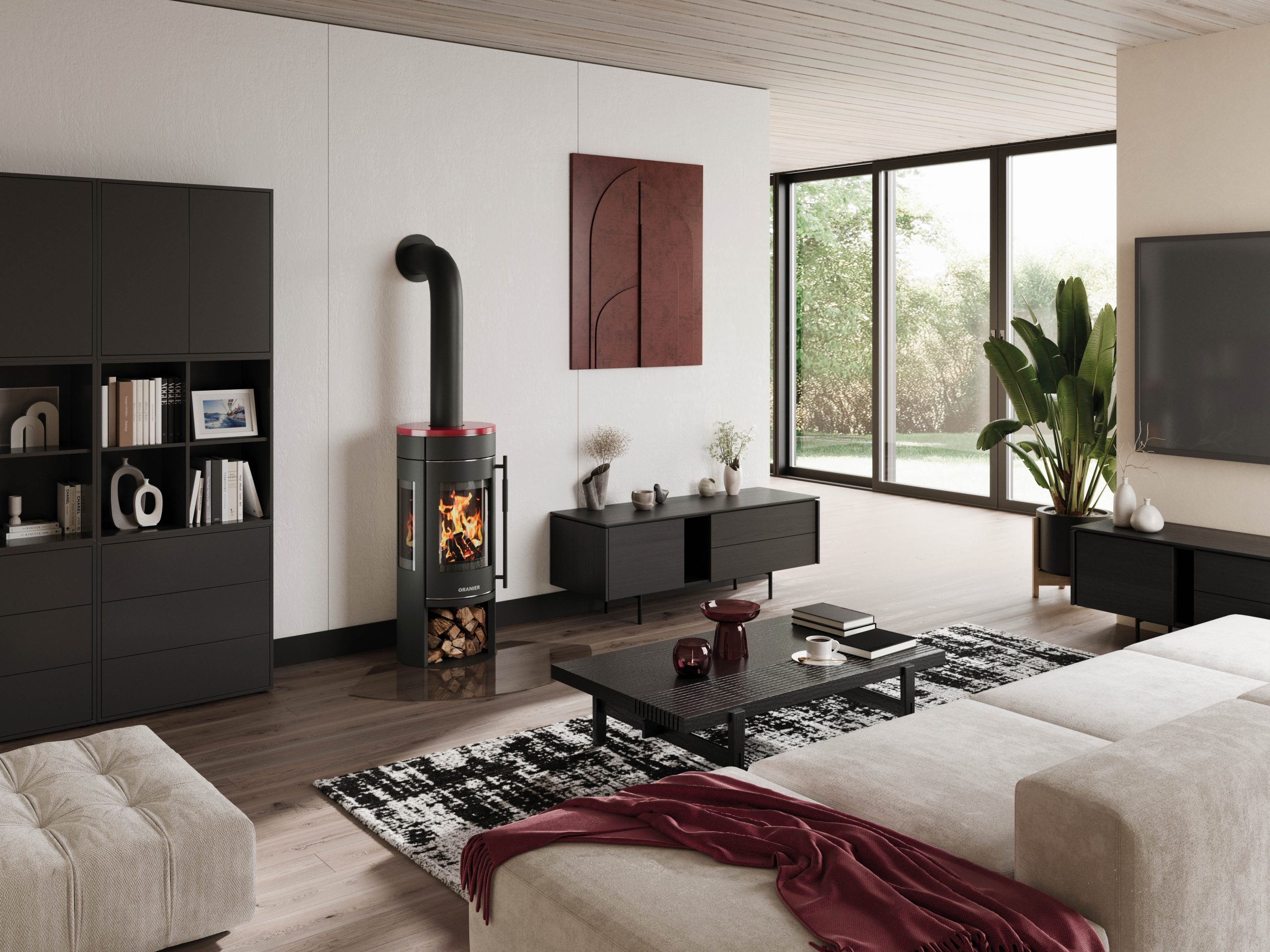 Tableau d'ambiance avec Poêles à bois 5794 37 Rota TRE 2.0 Noir, dessus Noir avec plaque de recouvrement rouge Bordeaux