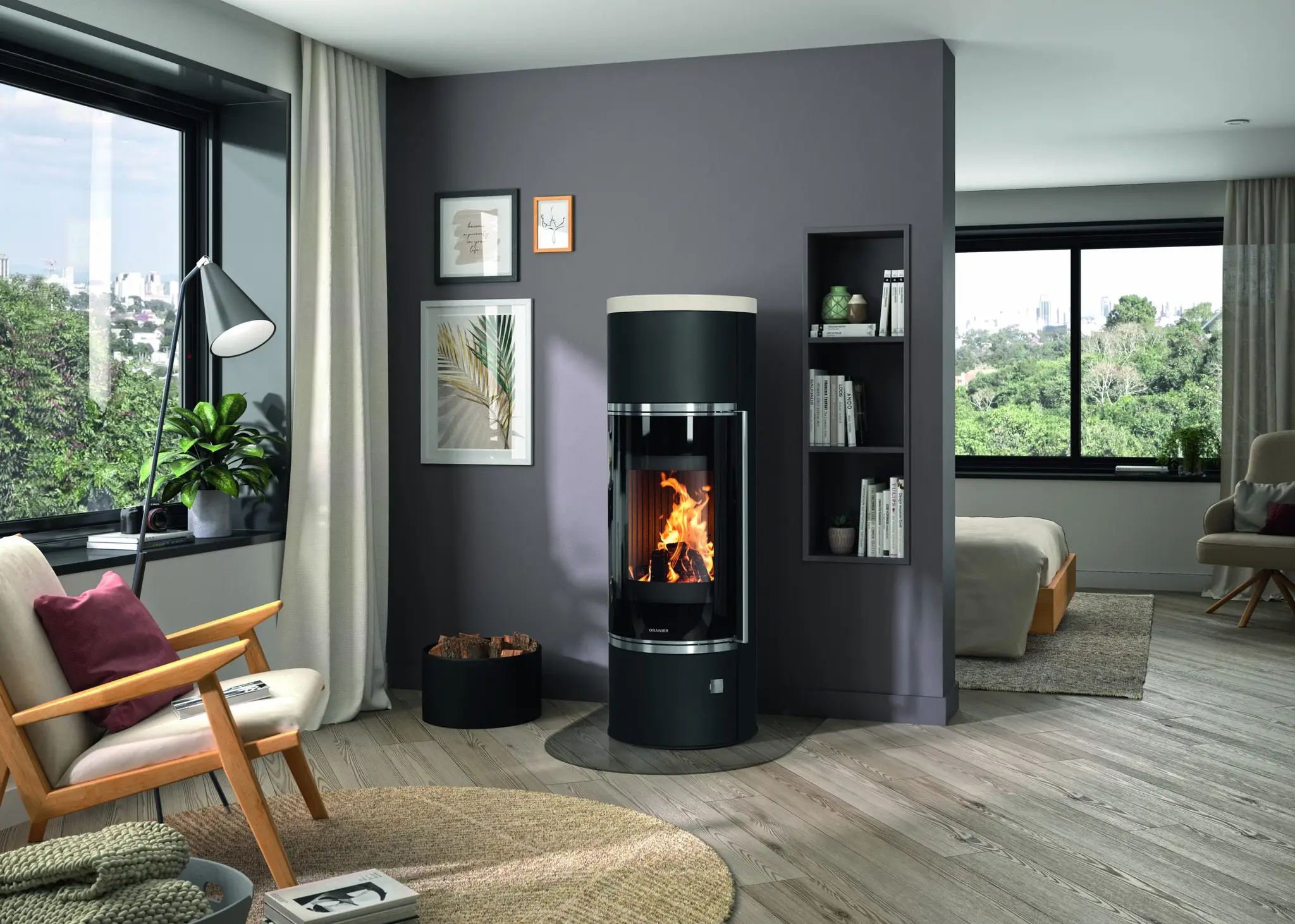 Ambientebild mit ORANIER Kaminofen 5897 87 Arena W+ 2.0 mit Abdeckplatte Kalkstein Cream