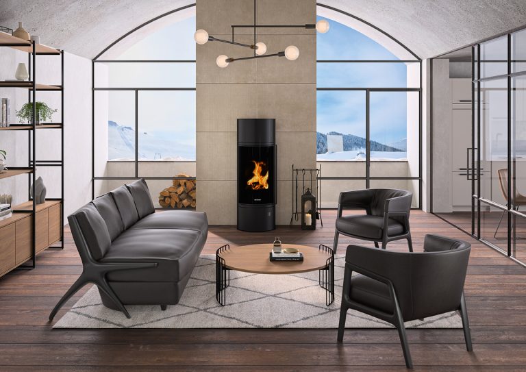 Salon élégamment aménagé avec ORANIER Poêles à bois Arena W+ 2.0 Noir, dessus Noir pureBLACK