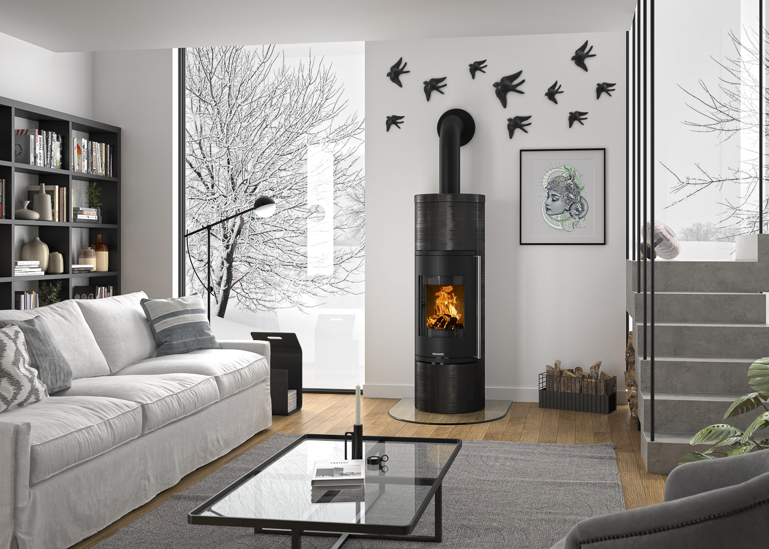 Image d'ambiance avec ORANIER Poêles à bois 8178 11 Arkona W-Plus 2.0 avec revêtement céramique anthracite brossé