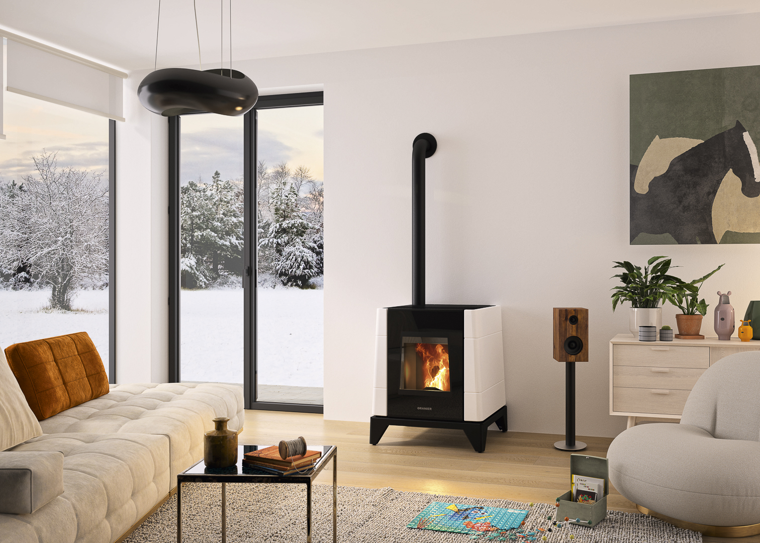 petit poêle à granulés dans une pièce confortable. Canapé et chaise modernes au premier plan.