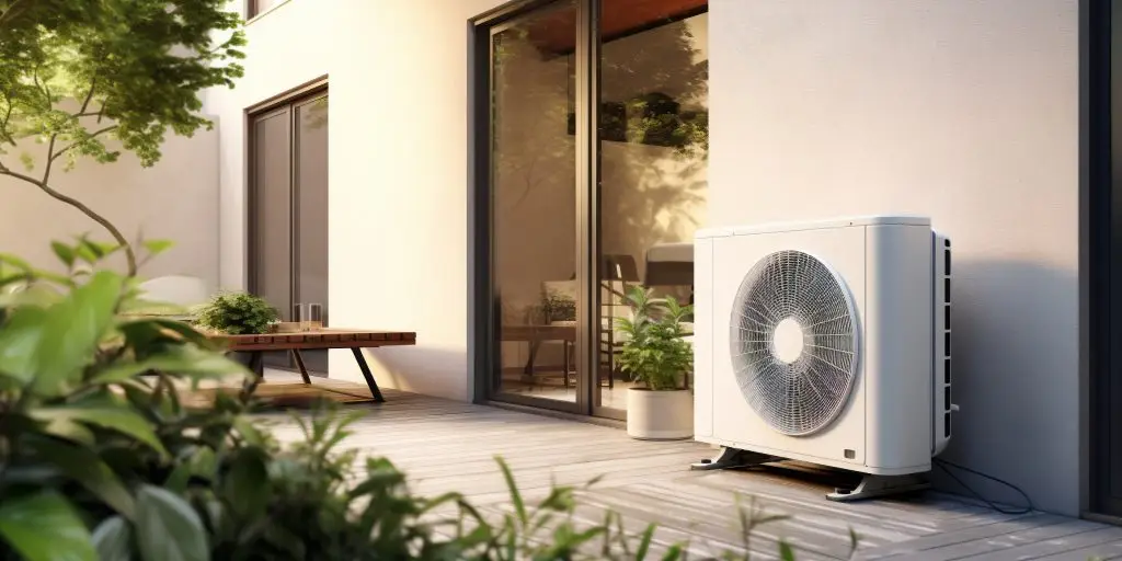 Luft-Wasser Wärmepumpe neben der Terrasse eines modernen Hauses.
