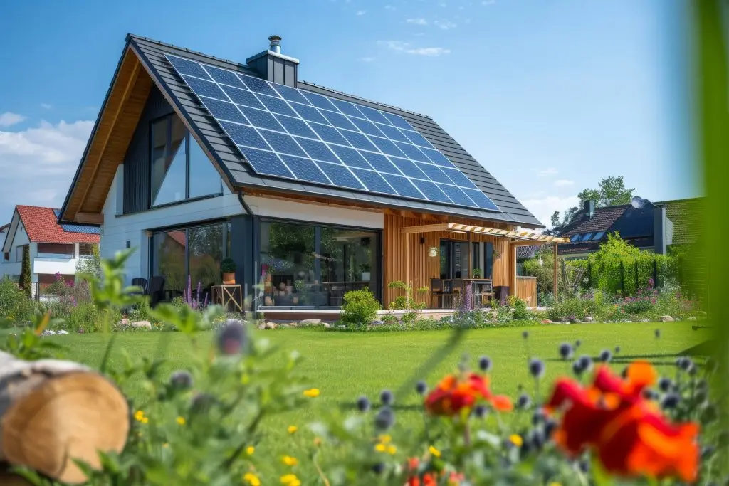 Modernes Ökohaus mit Garten und umweltfreundlicher Photovoltaikanlage auf dem Dach.